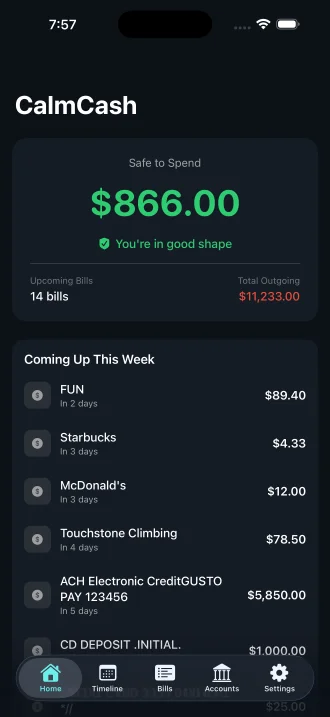 CalmCash - Safe to Spend Dashboard