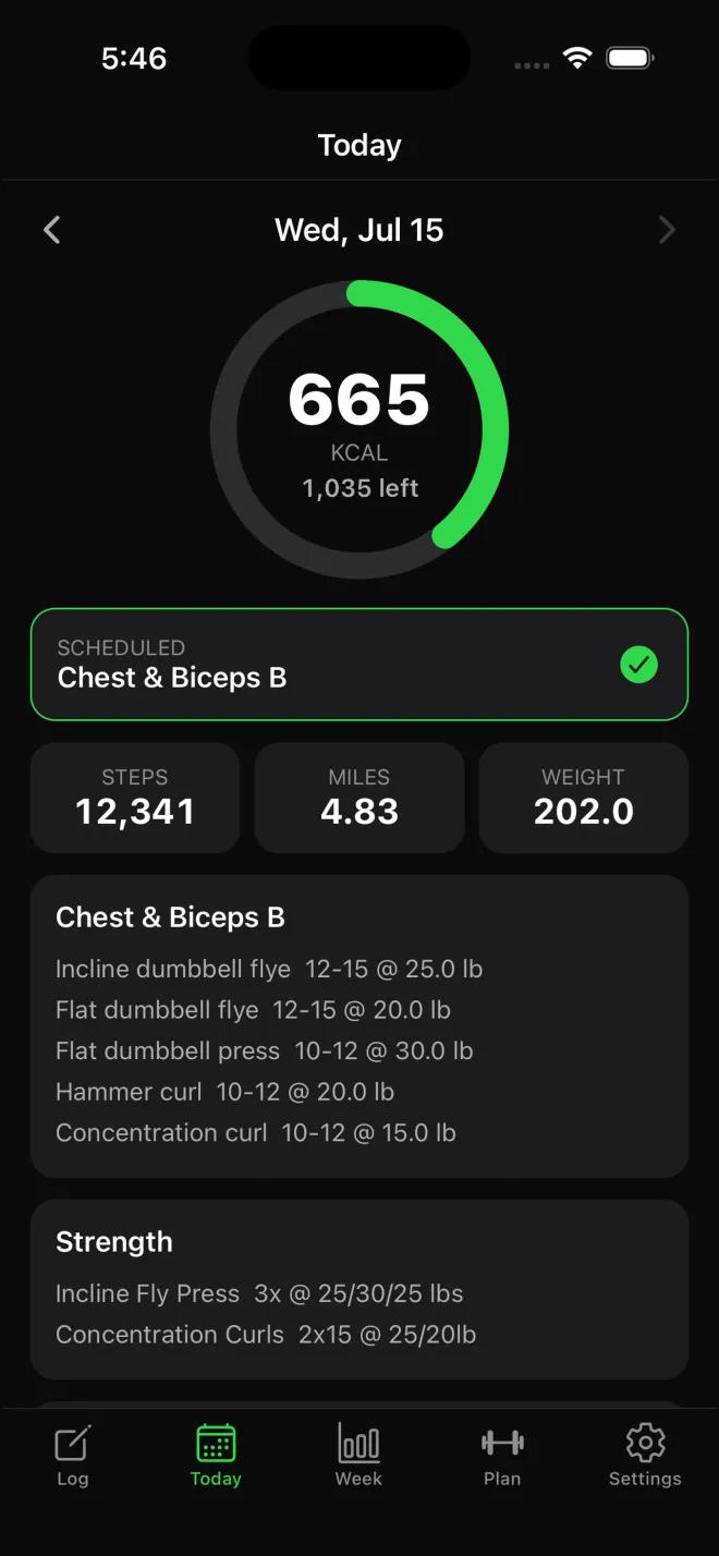 M+ Health and Exercise - Today's Calories and Workout
